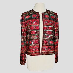 Vintage Papell Boutique Evening Fully Beaded Sequin Jacket Geo Size Silk Red S